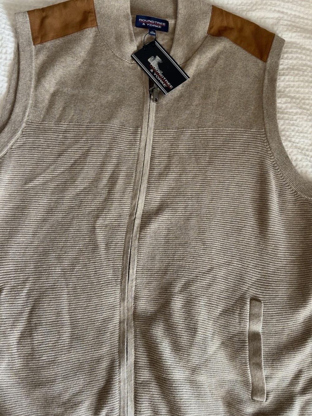 Roundtree & Yorke Taupe Zip-Front Sweater Vest with Tan Shoulder Patches